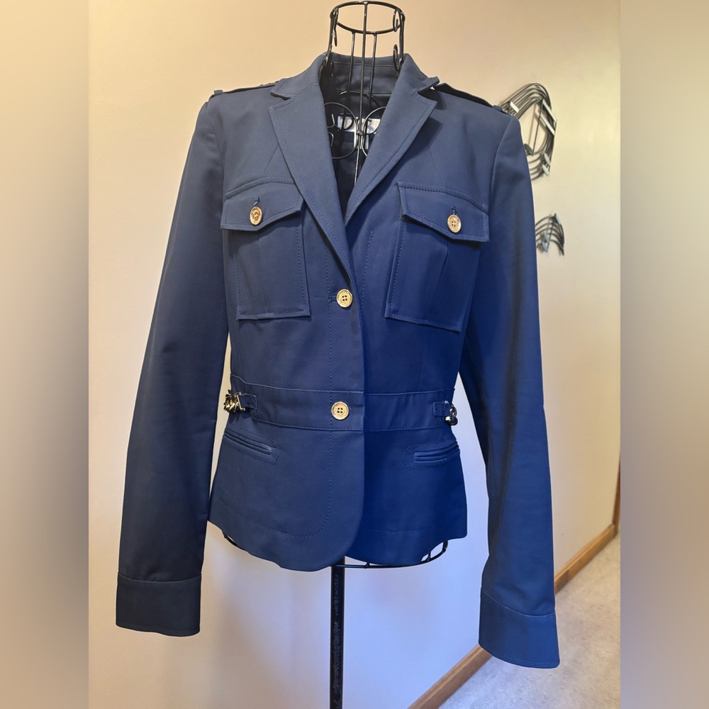 Michael Kors Navy Women's Blazer Gold chain waist Buttons also on shoulder/cuff